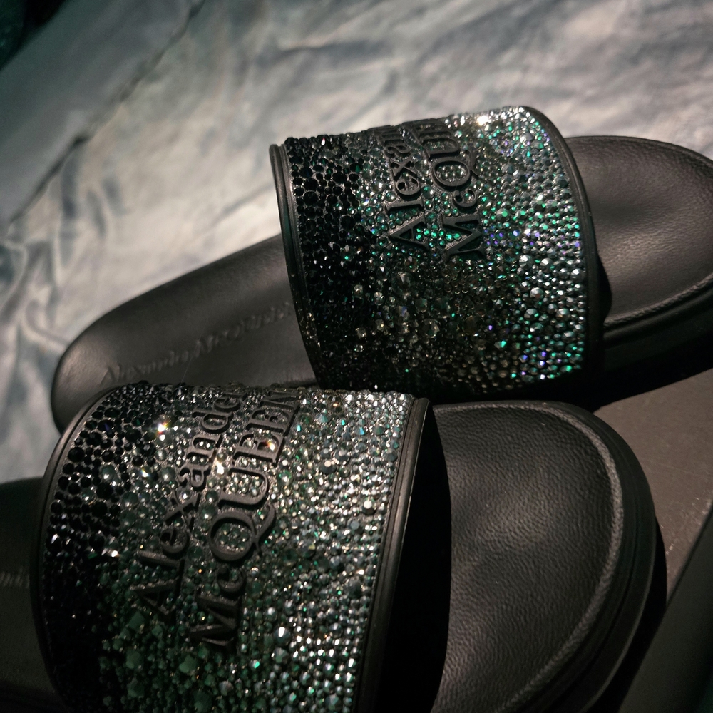 AUTHENTIC Alexander McQueen Black and Silver Slide Sandals